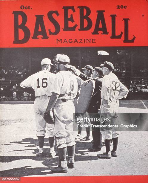 Baseball Magazine features a photo of a pre-game meeting between players and umpires, October 1941.