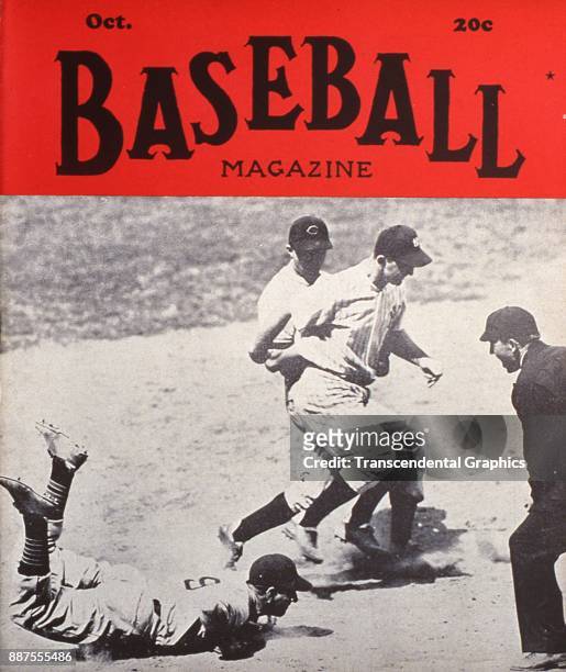 Baseball Magazine features a photo of onfield action during a game beteen the New York Yankees and the Cincinnati Reds, October 1943.