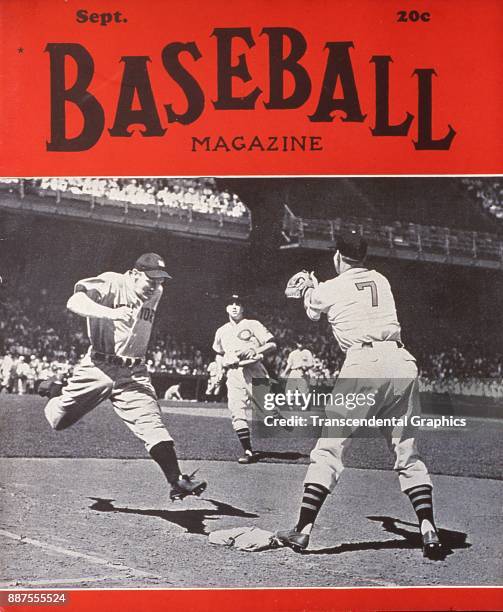 Baseball Magazine features a photo of onfield action at second base during a game between the Cleveland Indians and the New York Yankees, September...