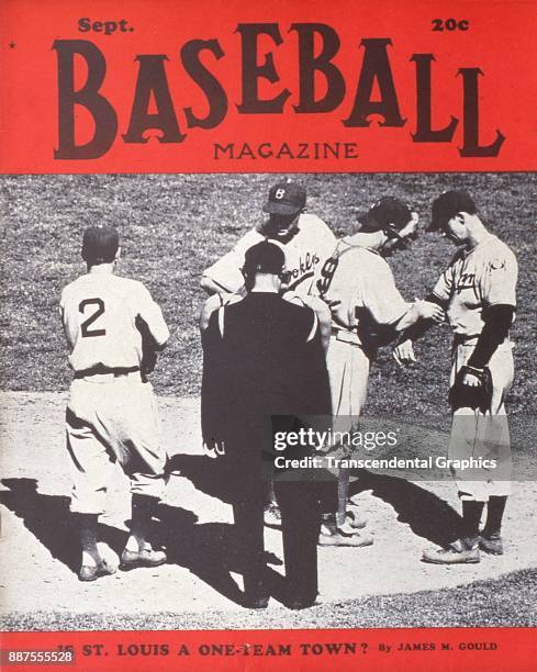 Baseball Magazine features a photo of the umpire and various members of the Brooklyn Dodgers baseball team on the pitcher's mound, September 1939.