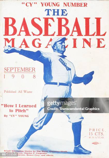 Baseball Magazine features a photo of baseball player Cy Young as he pitches, September 1908.