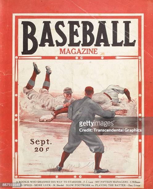 Baseball Magazine features an illustration of onfield action as a player slides into a base while his opponant tries to tag him out, September 1928.