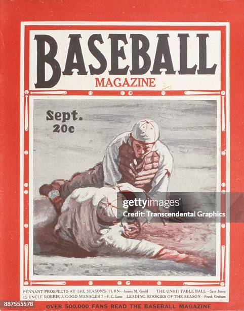 Baseball Magazine features an illustration of onfield action between a catcher and runner as the latter slides into home plate, September 1930.