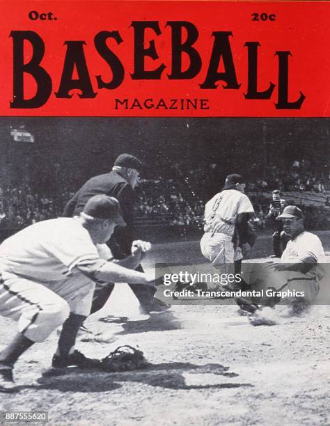 Baseball Magazine features a photo of onfield action as Stan Musial , of the St Louis Cardinals, slides into home plate during a game against the...
