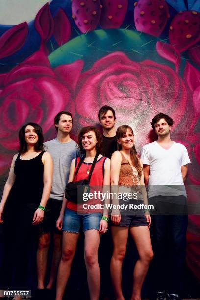 To R: Haley Dekle, Brian Mcomber, Angel Deradoorian, Dave Longstreth, Amber Coffman and Nat Baldwin of the Dirty Projectors pose for a shot on March...