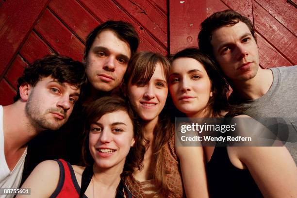 To R: Nat Baldwin, Dave Longstreth, Angel Deradoorian, Amber Coffman, Haley Dekle and Brian Mcomber of the Dirty Projectors pose for a shot on March...