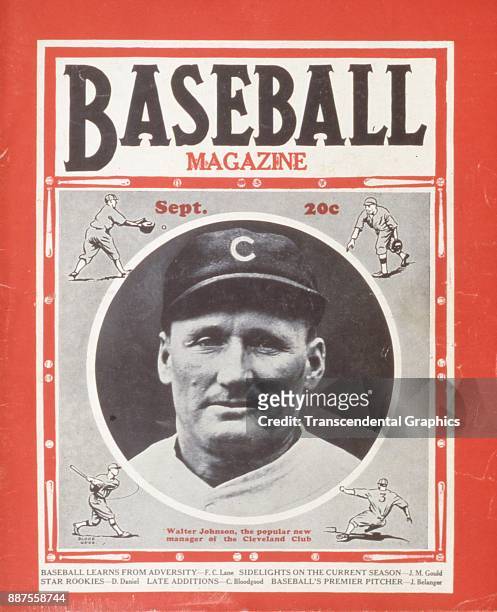 Baseball Magazine features a photo of baseball manager Walter Johnson , of the Cleveland Indians, September 1933.
