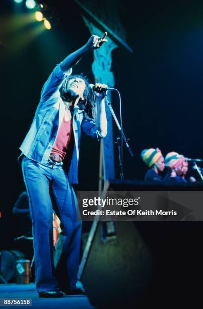 Jamaican singer and musician Bob Marley performs live at the Rainbow Theatre in London, June 1977.