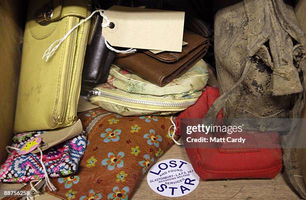 Some of the purses that have been handed into the Glastonbury Festival Lost Property office at the Glastonbury Festival site at Worthy farm, Pilton...