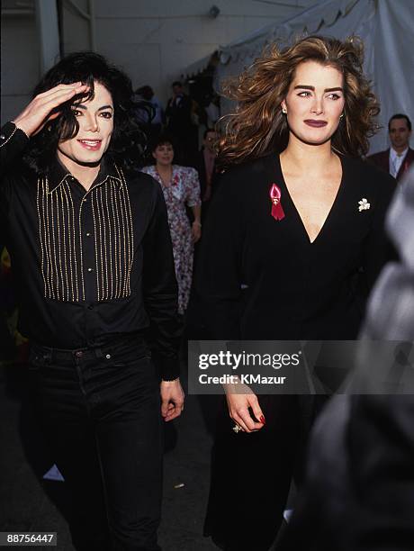 Michael Jackson and Brooke Shields attend the 35th Annual GRAMMY Awards at the Shrine Auditorium on February 24, 1993 in Los Angeles, California.