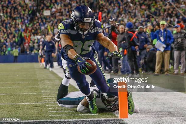 Wide receiver Doug Baldwin of the Seattle Seahawks is forced out of bounds at the 1 yard line by safety Rodney McLeod of the Philadelphia Eagles on a...