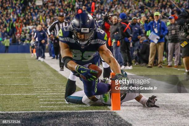 Wide receiver Doug Baldwin of the Seattle Seahawks is forced out of bounds at the 1 yard line by safety Rodney McLeod of the Philadelphia Eagles on a...