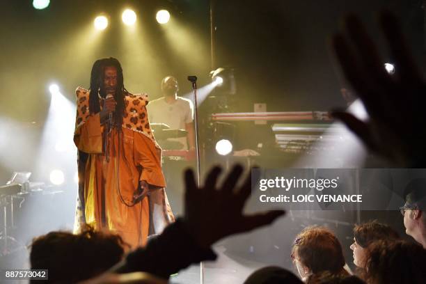 Sierra Leone's singer Janka Nabay performs onstage on December 6, 2017 at the Ubu music hall in Rennes, as part of the 39th edition of the Trans...