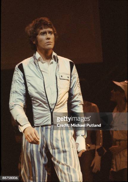 English actor Michael Crawford performing the lead role in the musical 'Billy' based on the novel 'Billy Liar' by Keith Waterhouse and Willis Hall,...