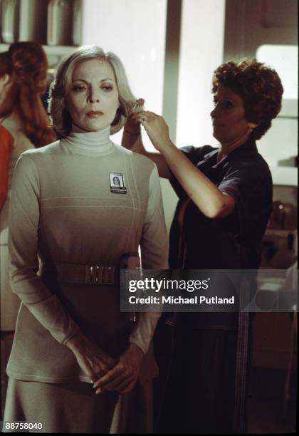 American actress Barbara Bain has her hair styled on the set of British science-fiction TV series 'Space 1999' at Pinewood Studios, Buckinghamshire,...