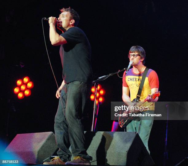 Damon Albarn and Graham Coxon of Blur headline the Pyramid stage on the last day of Glastonbury Festival at Worthy Farm on June 28, 2009 in...