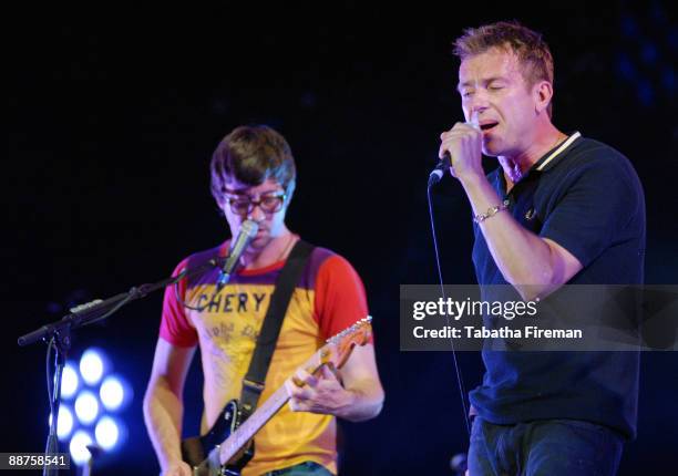 Damon Albarn and Graham Coxon of Blur headline the Pyramid stage on the last day of Glastonbury Festival at Worthy Farm on June 28, 2009 in...