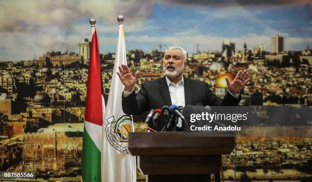 Head of the Political Bureau of Hamas, Ismail Haniyeh holds a press conference on U.S. President Donald Trumps recognition of Jerusalem as Israels...