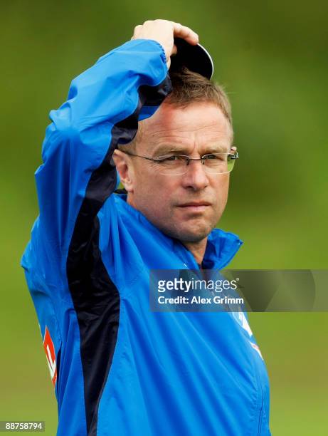 Head coach Ralf Rangnick reacts during a training session of 1899 Hoffenheim during a training camp on June 30, 2009 in Stahlhofen am Wiesensee,...