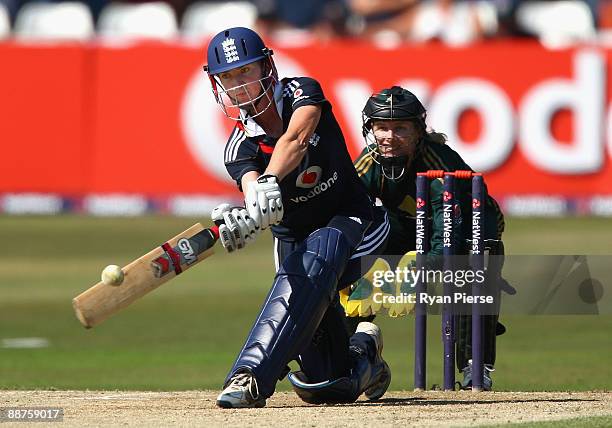 Beth Morgan of England drives the ball during the Women's One Day International match bewteen England and Australia at The County Ground on June 30,...