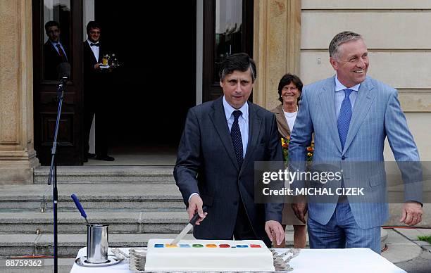 Sweden's Ambassador to the Czech Republic Catherine von Heidenstam looks on as former Czech Prime Minister Mirek Topolanek and Czech Prime Minister...