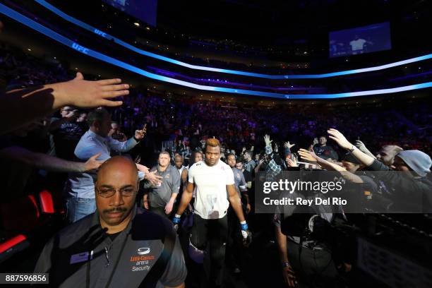 Francis Ngannou walks out into the arena to face Alistair Overeem during the UFC 218 event at Little Caesars Arena on December 2, 2017 in Detroit,...