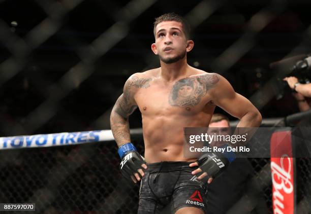 Sergio Pettis between rounds against Henry Cejudo during the UFC 218 event at Little Caesars Arena on December 2, 2017 in Detroit, Michigan.