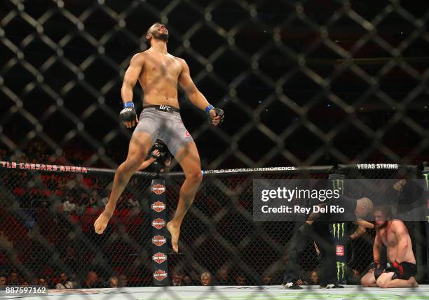 Dominick Reyes celebrates after his bout against Jeremy Kimball during the UFC 218 event at Little Caesars Arena on December 2, 2017 in Detroit,...