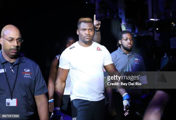 Francis Ngannou walks out into the arena to face Alistair Overeem during the UFC 218 event at Little Caesars Arena on December 2, 2017 in Detroit,...