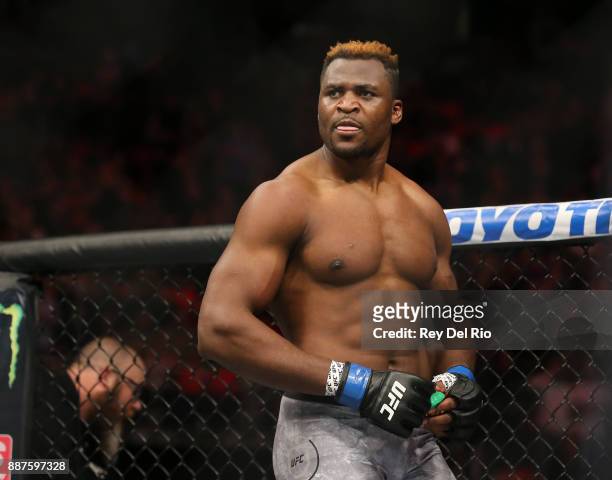 Francis Ngannou celebrates after his bout against Alistair Overeem during the UFC 218 event at Little Caesars Arena on December 2, 2017 in Detroit,...