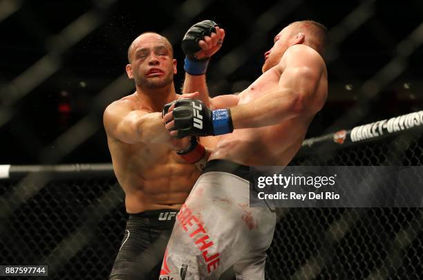 Justin Gaethje punches Eddie Alvarez during the UFC 218 event at Little Caesars Arena on December 2, 2017 in Detroit, Michigan.