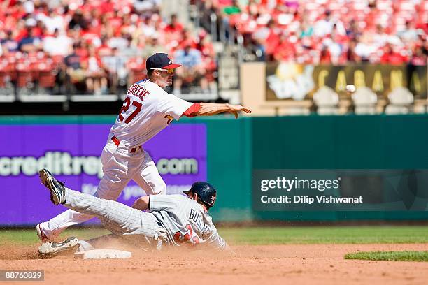 Tyler Greene of the St. Louis Cardinals turns a double play against Brian Buscher of the Minnesota Twins on June 28, 2009 at Busch Stadium in St....