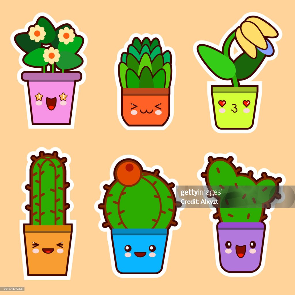 Cute Cartoon Kawaii Set Of Plant Cactus Succulents And Flowers With Funny  Faces Flat Design Vector High-Res Vector Graphic - Getty Images