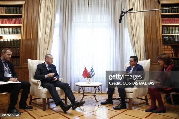 Greek Prime Minister Alexis Tsipras meets with Turkish President Tayyip Erdogan at the Maximos Mansion in Athens on December 7, 2017. President Recep...