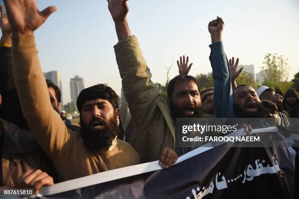 Activists of the Defence of Pakistan Council shout anti-US and Israeli slogans during a protest in Islamabad on December 7, 2017 following Trump's...
