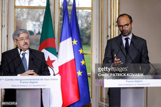 French Prime Minister Edouard Philippe and his Algerian counterpart Ahmed Ouyahia hold a joint press conference during the 4th Intergovernmental...