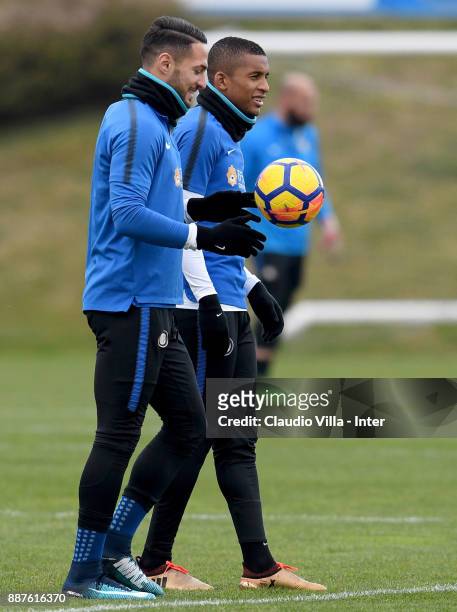 Danilo D'Ambrosio and Dalbert Henrique Chagas Estevão of FC Internazionale of FC Internazionale chat during an FC Internazionale training session at...