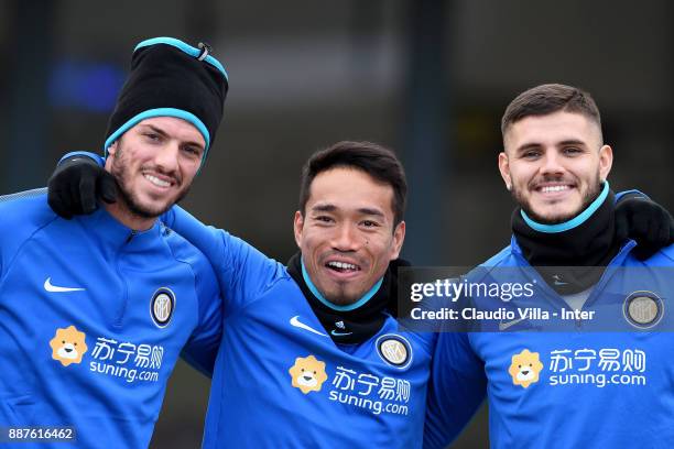 Davide Santon, Yuto Nagatomo and Mauro Icardi of FC Internazionale pose for a photo during an FC Internazionale training session at Suning Training...
