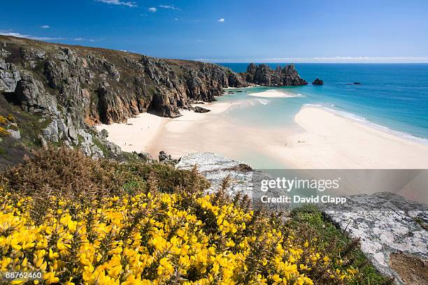 porthcurno towards logans rock, conwall, england - cornish coast stock pictures, royalty-free photos & images