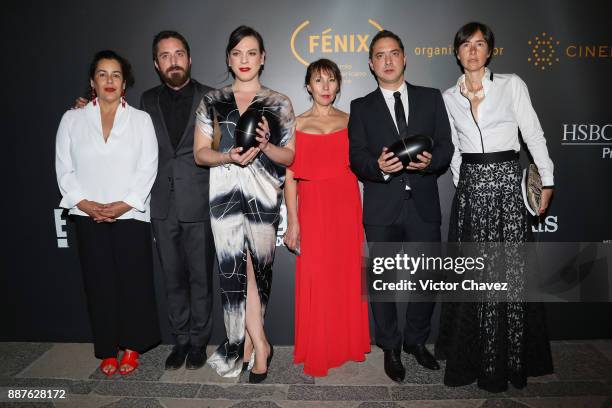 Pablo Larrain, Daniela Vega, Juan de Dios Larrain, Muriel Parra attend the Premio Iberoamericano De Cine Fenix 2017 press room at Teatro de La Ciudad...