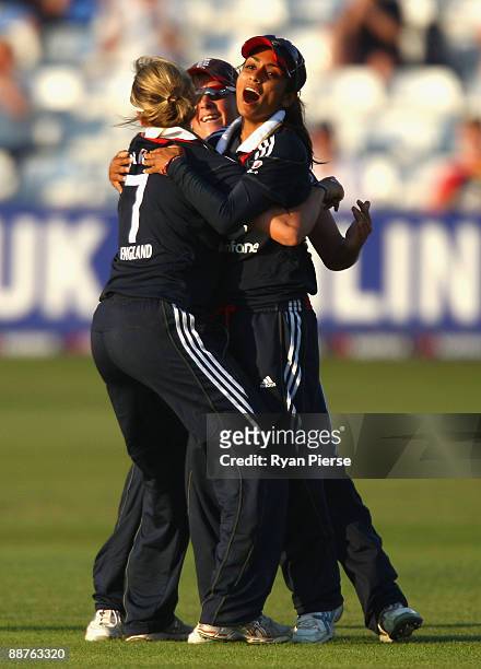 Isa Guha of England celebrates after running out Jodie Fields of Australia during the Women's One Day International match bewteen England and...