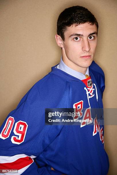 Chris Kreider poses for a portrait after being selected 19th overall by the New York Rangers during the first round of the 2009 NHL Entry Draft at...