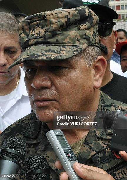 Honduran top military chief General Romeo Vasquez speaks with the press during a rally against ousted president Manuel Zelaya at Morazan Square in...