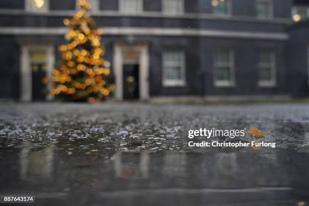 Rain falls outside 10 Downing St as Brexit negotiations continue on December 7, 2017 in London, England. The British Government continues to work out...