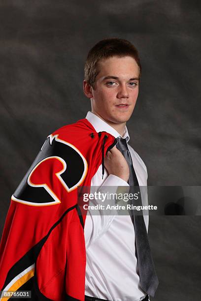 Tim Erixon poses for a portrait after being selected 23rd overall by the Calgary Flames during the first round of the 2009 NHL Entry Draft at the...