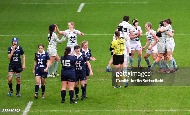 Cambridge University celebrate winning the Womens Varsity Match at the final whistle as Oxford University look dejected after the Womens Varsity...