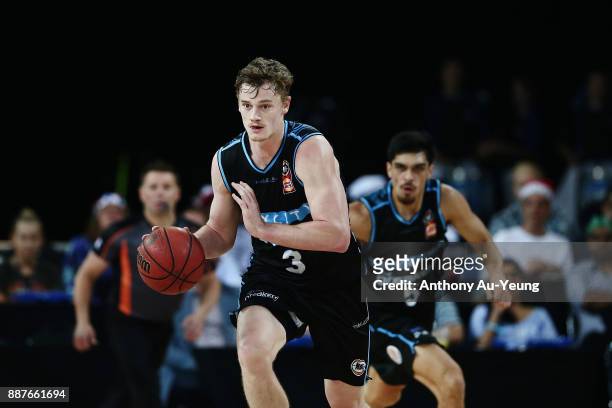 Finn Delany of the Breakers in action during the round nine NBL match between the New Zealand Breakers and the Brisbane Bullets at Spark Arena on...