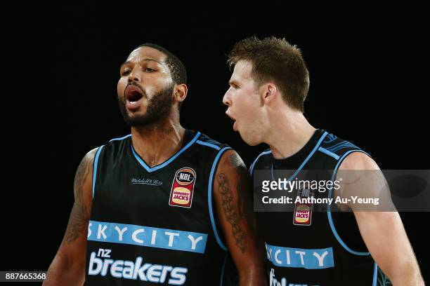 Devonte DJ Newbill and Tom Abercrombie of the Breakers celebrate a basket late in the game during the round nine NBL match between the New Zealand...