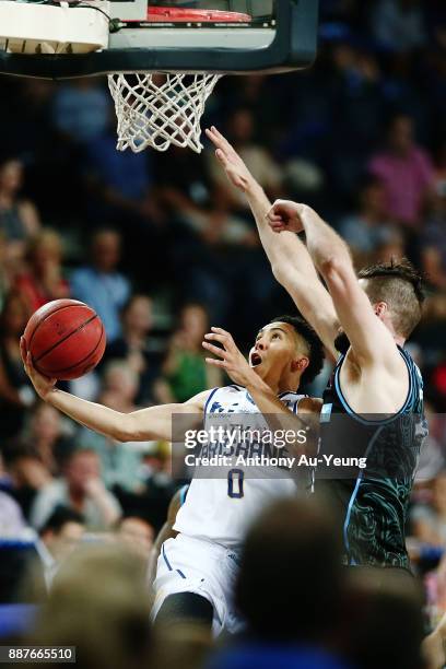 Travis Trice of the Bullets goes up against Alex Pledger of the Breakers during the round nine NBL match between the New Zealand Breakers and the...