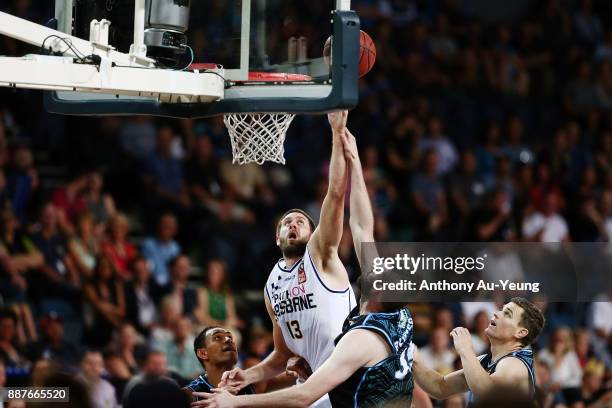 Tom Jervis of the Bullets competes for a rebound during the round nine NBL match between the New Zealand Breakers and the Brisbane Bullets at Spark...